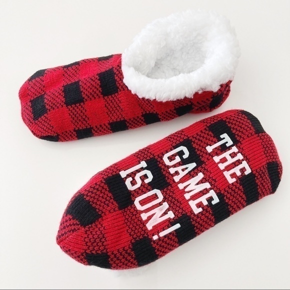 𝅺LUMBERJACK Red Plaid Sherpa Lined Novelty Unisex Slipper Socks Size 6/7 - Picture 8 of 9